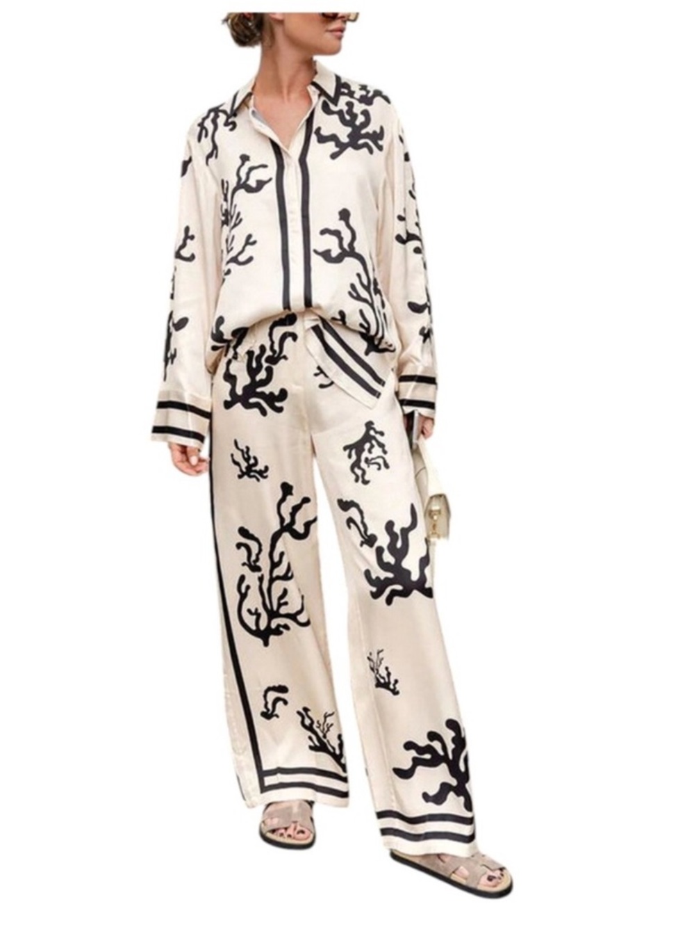 Cream Two-Piece Set with Black Coral Print